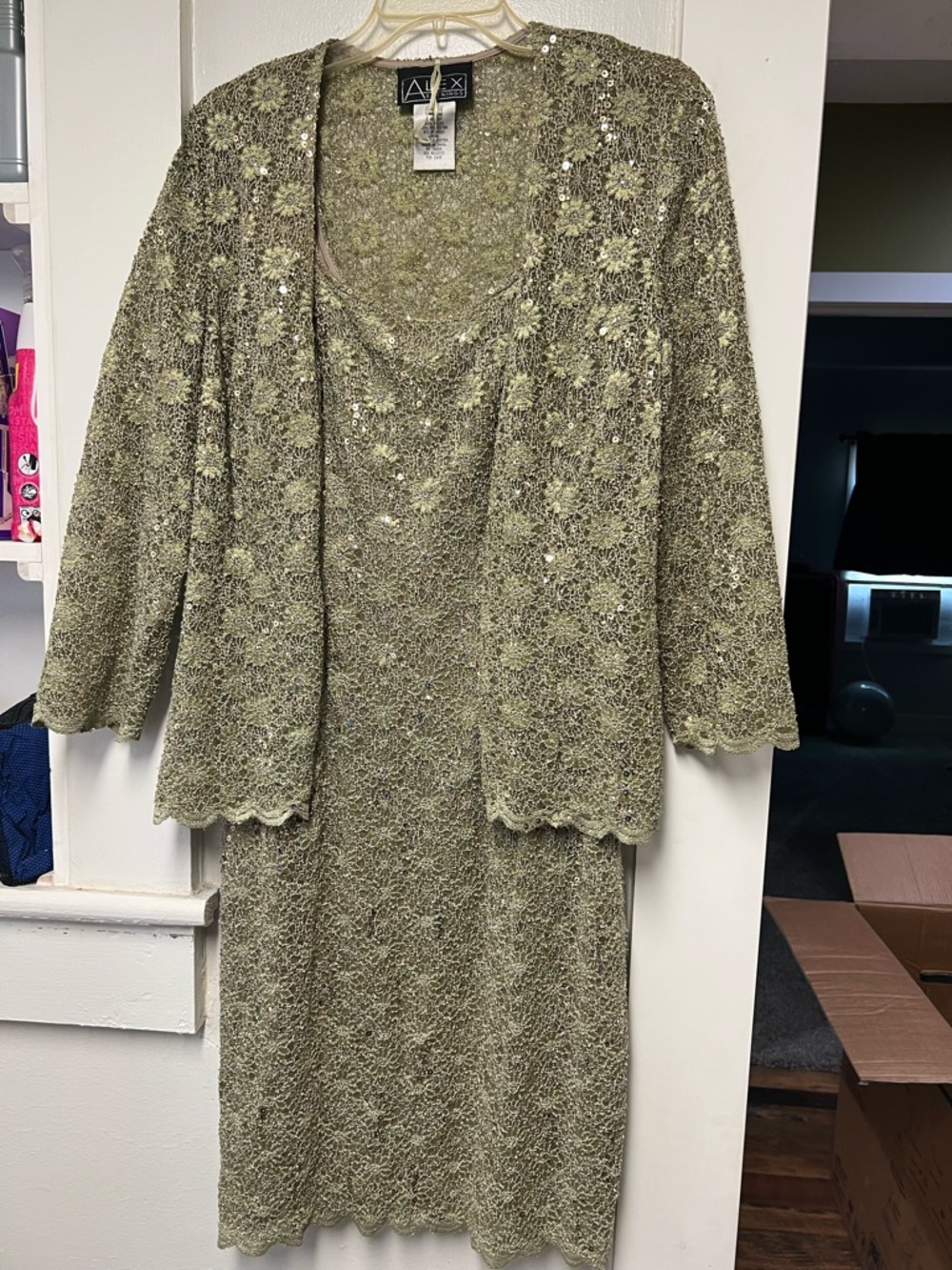 Alex Evenings Gold Olive Beaded Lace Jacket and Dress Set